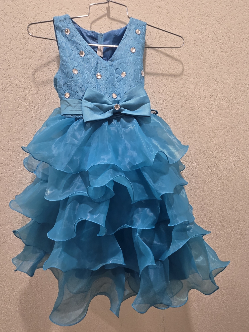 Girls' Blue Ruffled Party Dress with Bow Will Measure